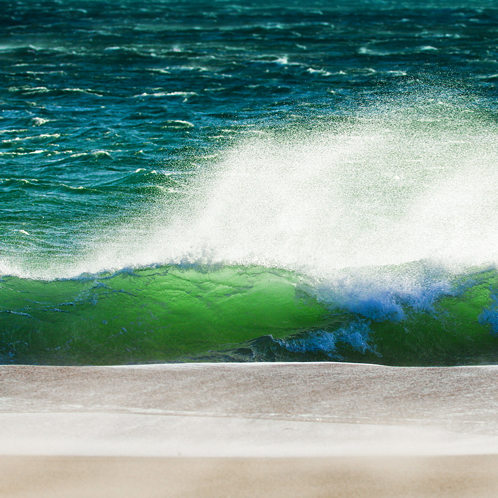 Storm force Levante winds blowing the tops of waves, Strait of Gibraltar, Estrecho Natural Park, Los Lanses beach, Tarifa, Andalucia, Costa de la Luz, Spain, Europe