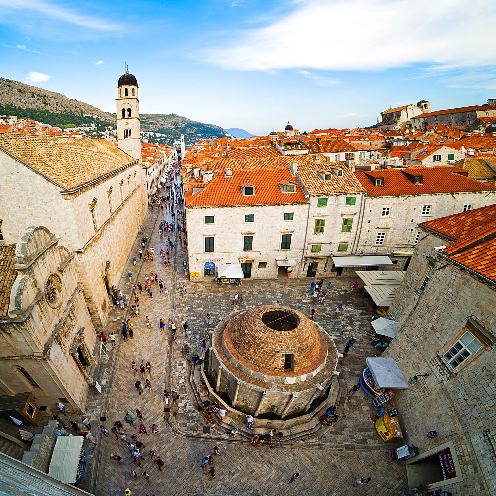 Big Onforio Fountain, Franciscan Monastery and City Bell Tower on Stradun from Dubrovnik City Walls, UNESCO World Heritage Site, Dubrovnik, Dalmatian Coast, Croatia, Europe 