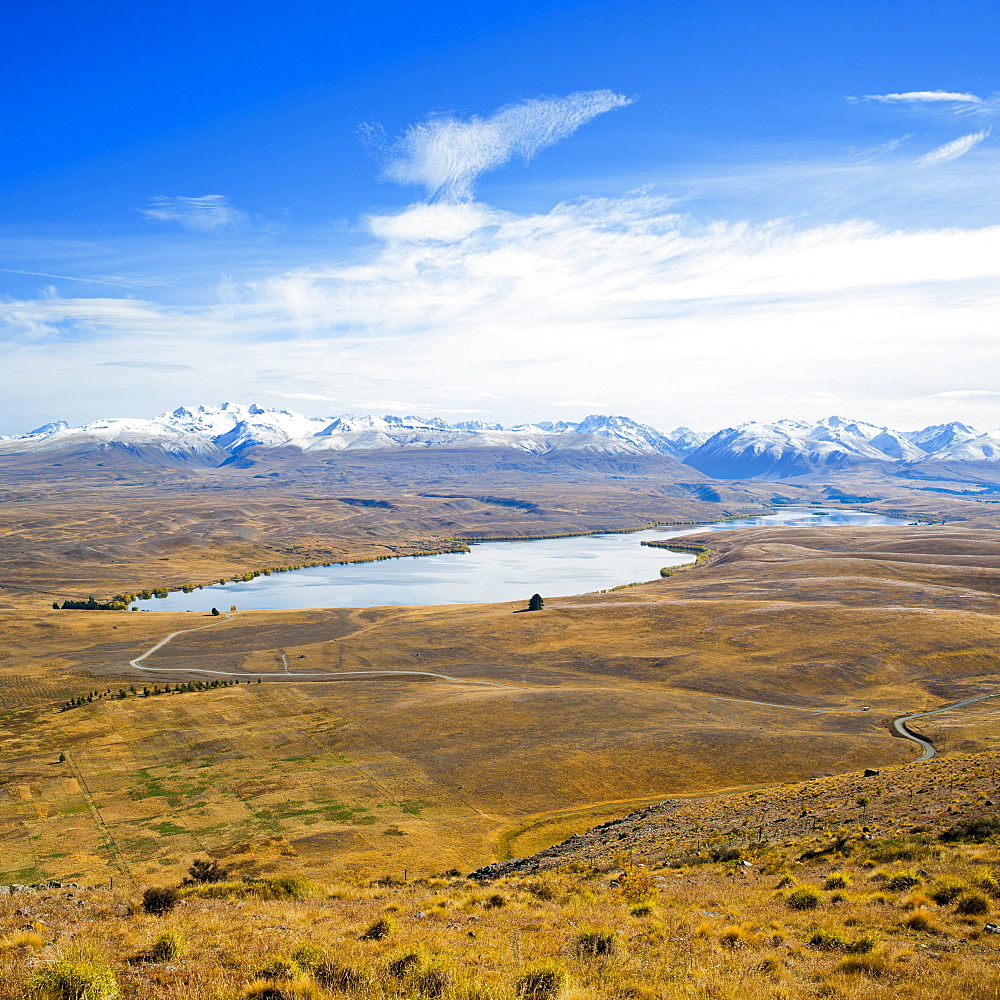 Lake Alexandrina and snow capped mountains in Canterbury, South Island, New Zealand, Pacific