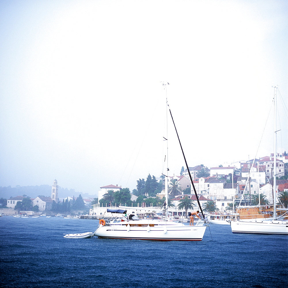 Sailboats in storm anchoring near Hvar, Dalmatia, Croatia