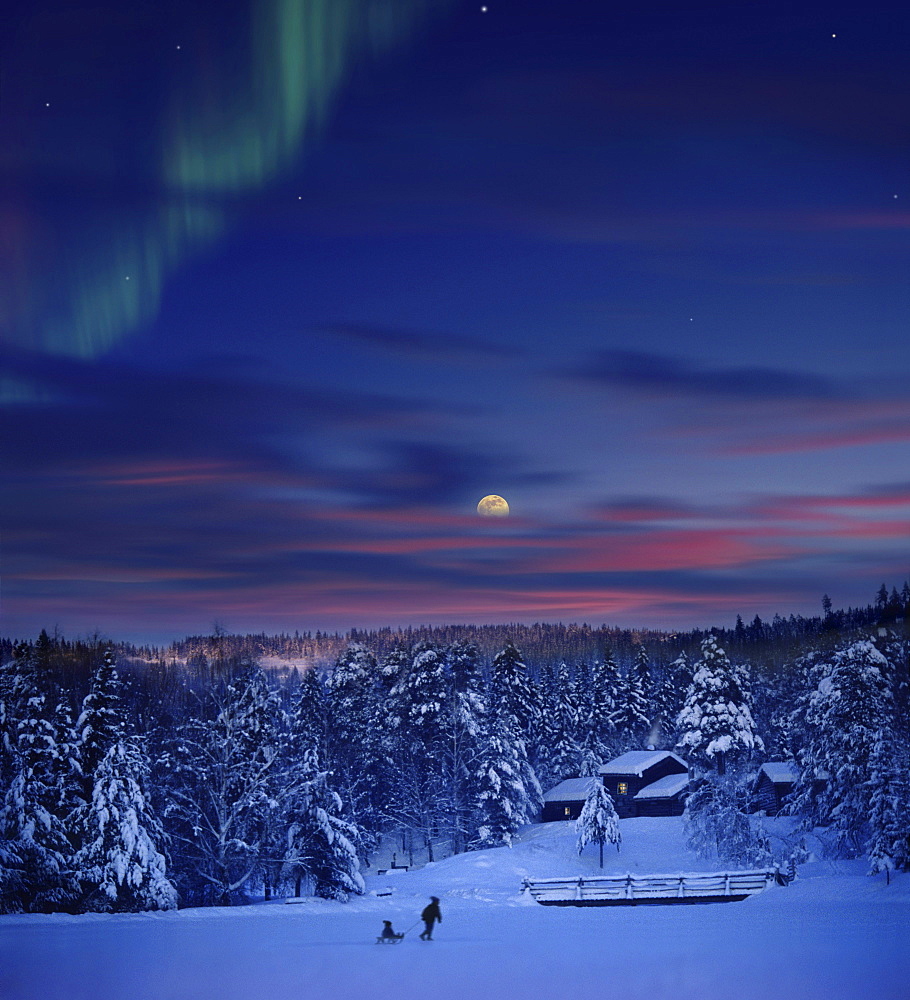 People in snow covered landscape at moonrise, Maihaugen, Lillehammer, Norway, Scandinavia, Europe