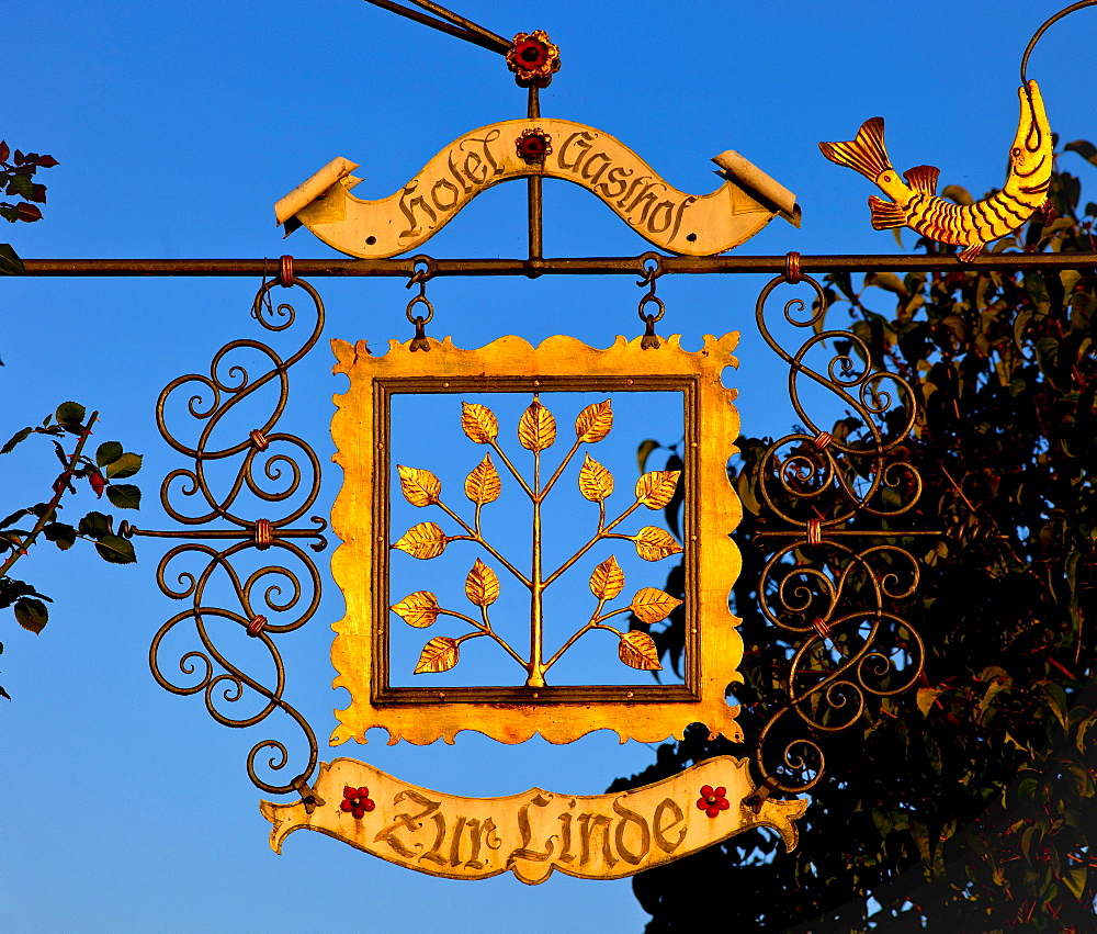 Sign of the Zur Linde Hotel, Fraueninsel, Chiemsee, Chiemgau, Upper Bavaria, Bavaria, Germany