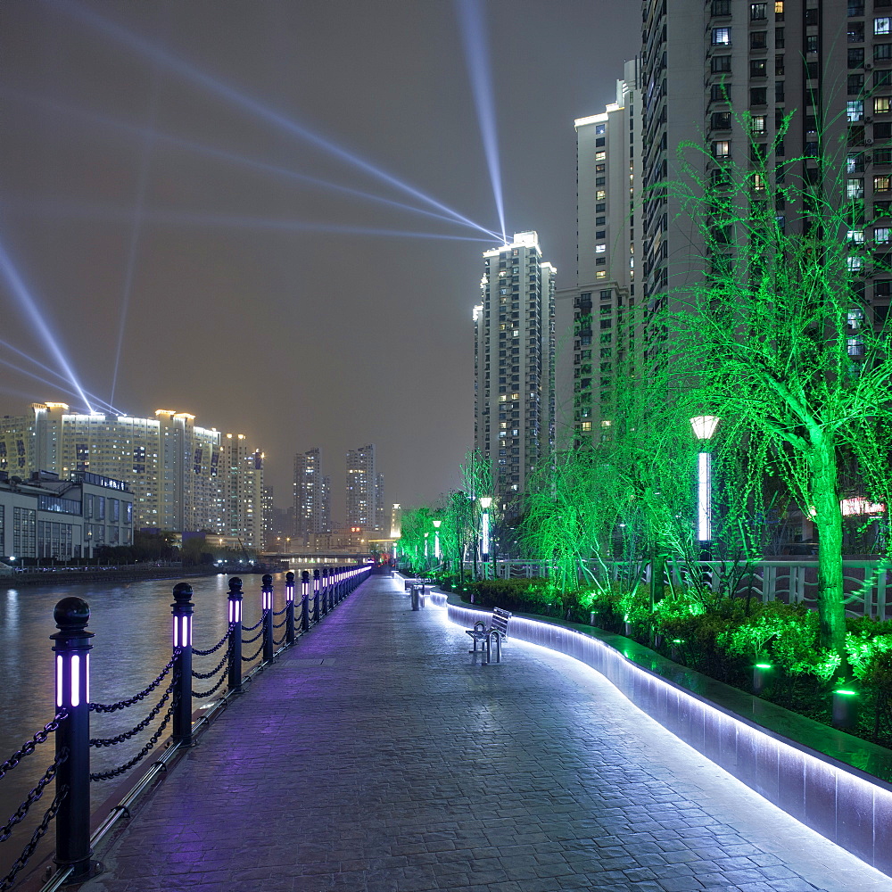 Zhongyuan Liangwancheng Community at night, big apartment compound along the Suzhou river, Shanghai, China