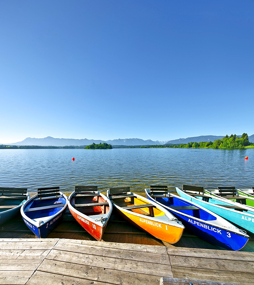 Rowboats at lake Staffelsee, Uffing, Upper Bavaria, Germany