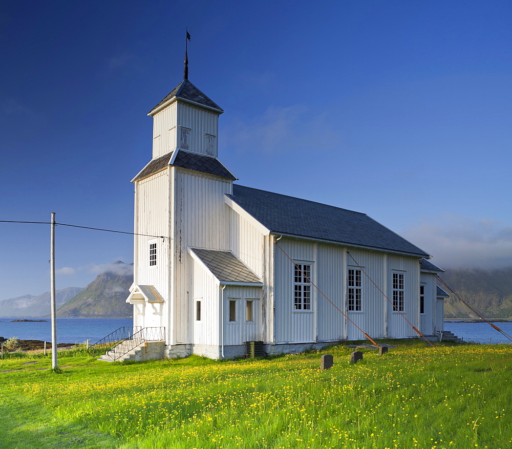 Gimsoy wooden church at Gimsoysand, Nordland, Norway