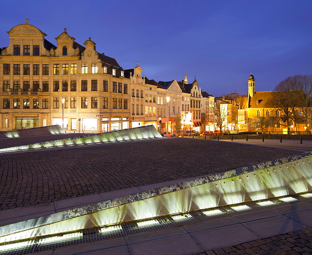 Illuminated residential houses at Place de L'Albertine, Brussels, Belgium, Europe