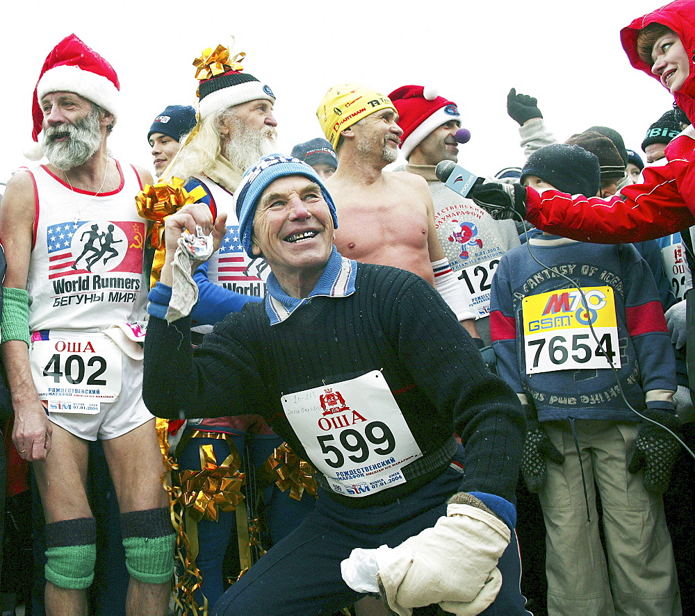 Participants of a marathon run are interviewed, Siberia