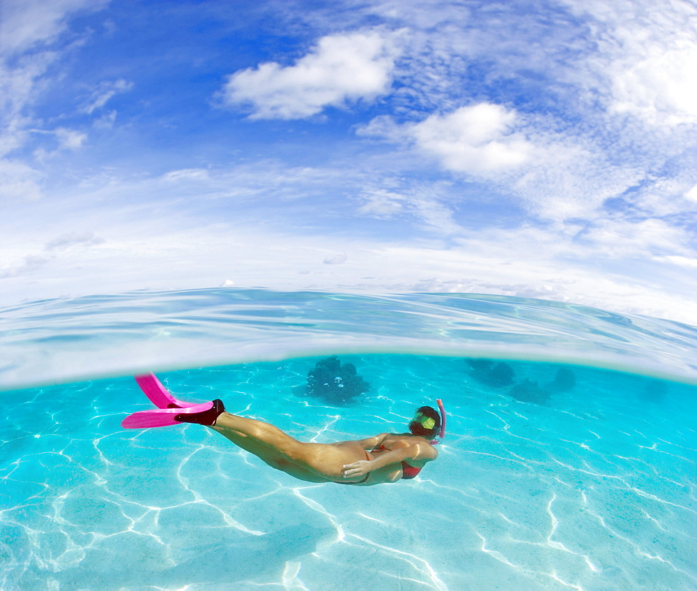 French Polynesia, Moorea, Woman free diving in turquoise ocean.