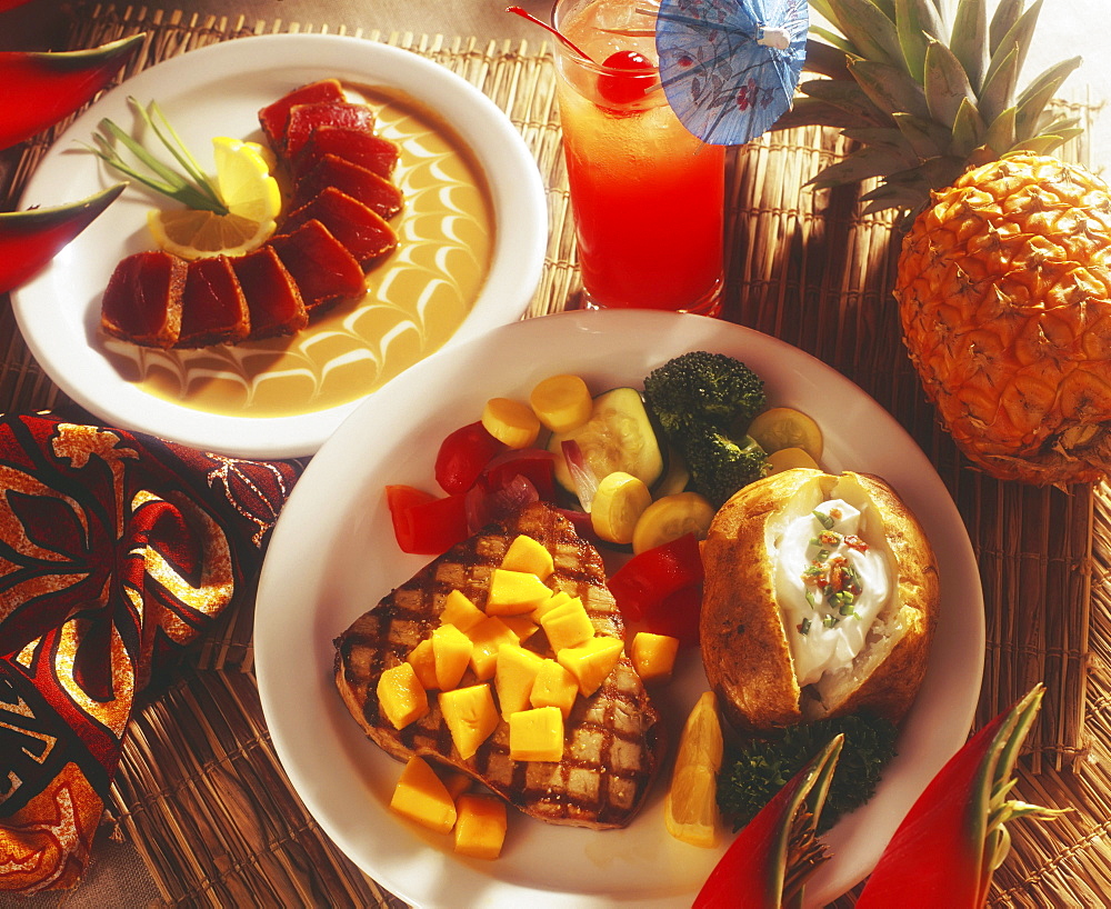 Studio shot of a delicious selection of food of the pacific rim.