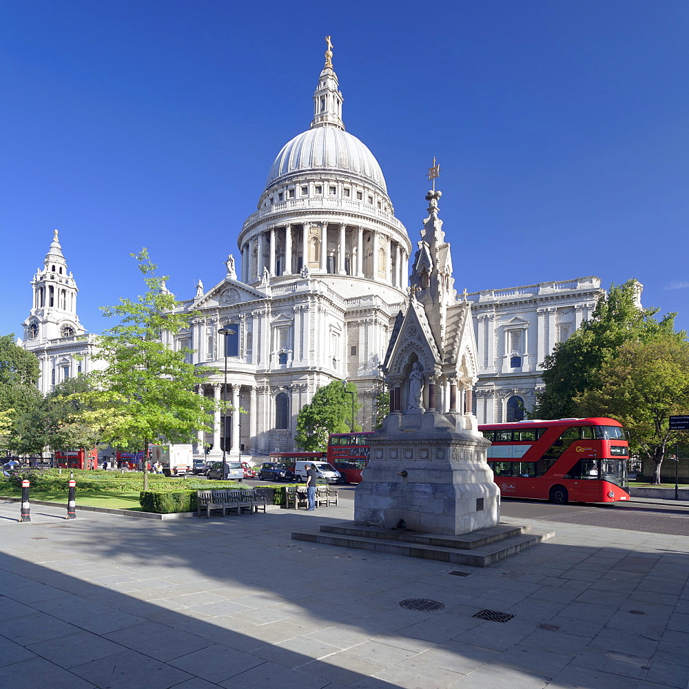 St. Paul's Cathedral, and red double decker bus, London, England, United Kingdom, Europe