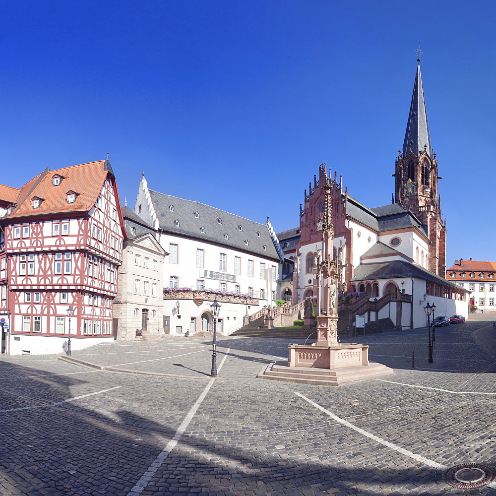 Stiftsplatz Square with Stiftsmuseum, Stiftsbrunnen fountain and Stiftskirche Church of St. Peter and Alexander, Aschaffenburg, Lower Franconia, Bavaria, Germany, Europe