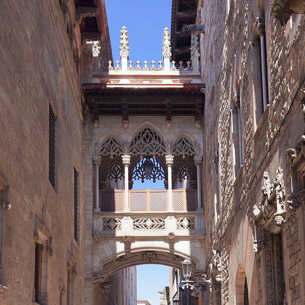 Pont del Bispe Bridge over Carrer del Bispe street, Palau de la Generalitat, Barri Gotic, Barcelona, Catalonia, Spain, Europe