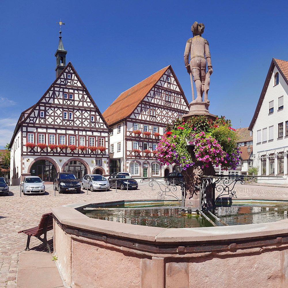 Town hall and half-timbered house, marketplace, Dornstetten, Black Forest, Baden-Wurttemberg, Germany, Europe