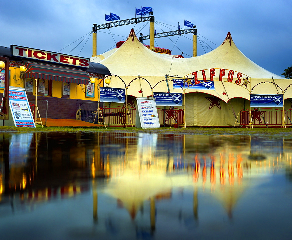 Circus big top tent in a flooded field, Stonehaven, United Kingdom, Europe