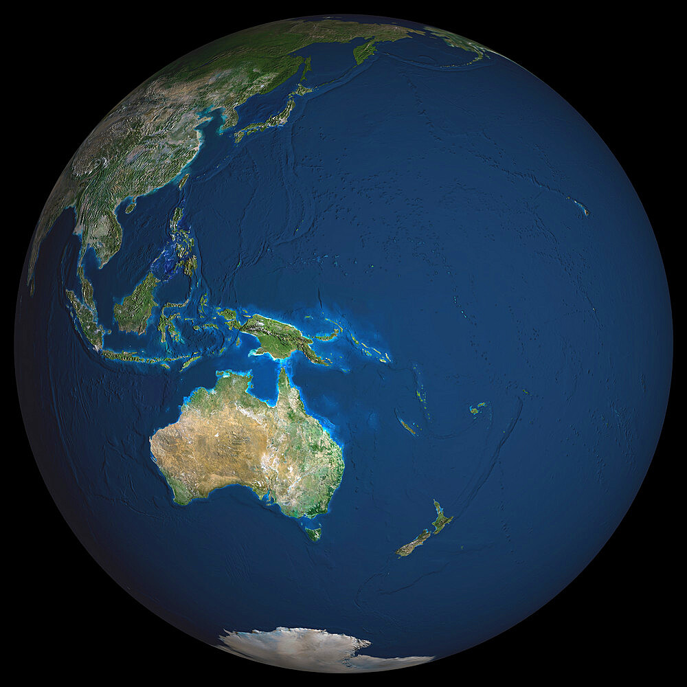 Globe Oceania, True Colour Satellite Image. Earth. True colour satellite image of the Earth, centred on the region of Oceania