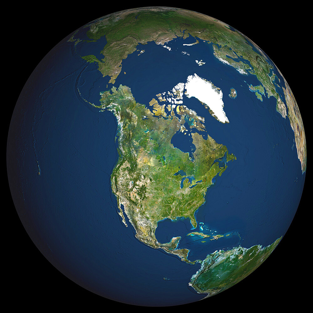 Globe North America, True Colour Satellite Image. Earth. True colour satellite image of the Earth, centred on North America