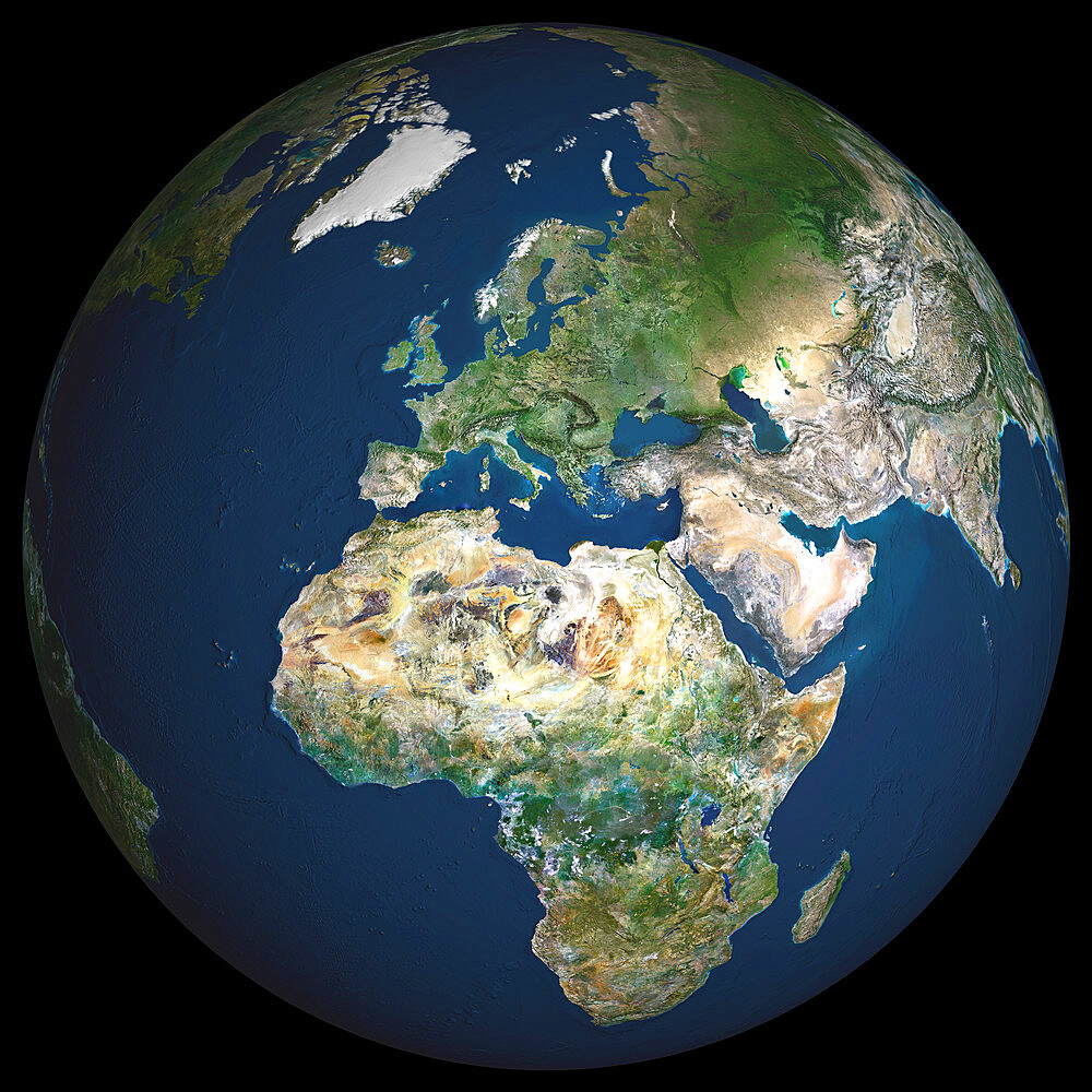 Globe Europe, True Colour Satellite Image. True colour satellite image of the whole earth, showing Europe at centre. The picture is a composite created from thousands of separate images recorded by LANDSAT 5 & 7 satellites. Print size 42x42cm.