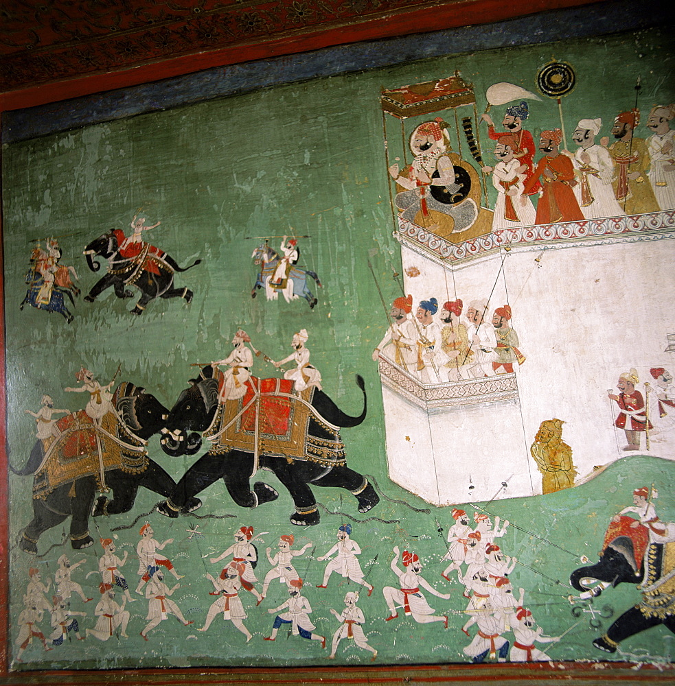 Wall paintings in Royal Palace, Bundi, Rajasthan state, India, Asia