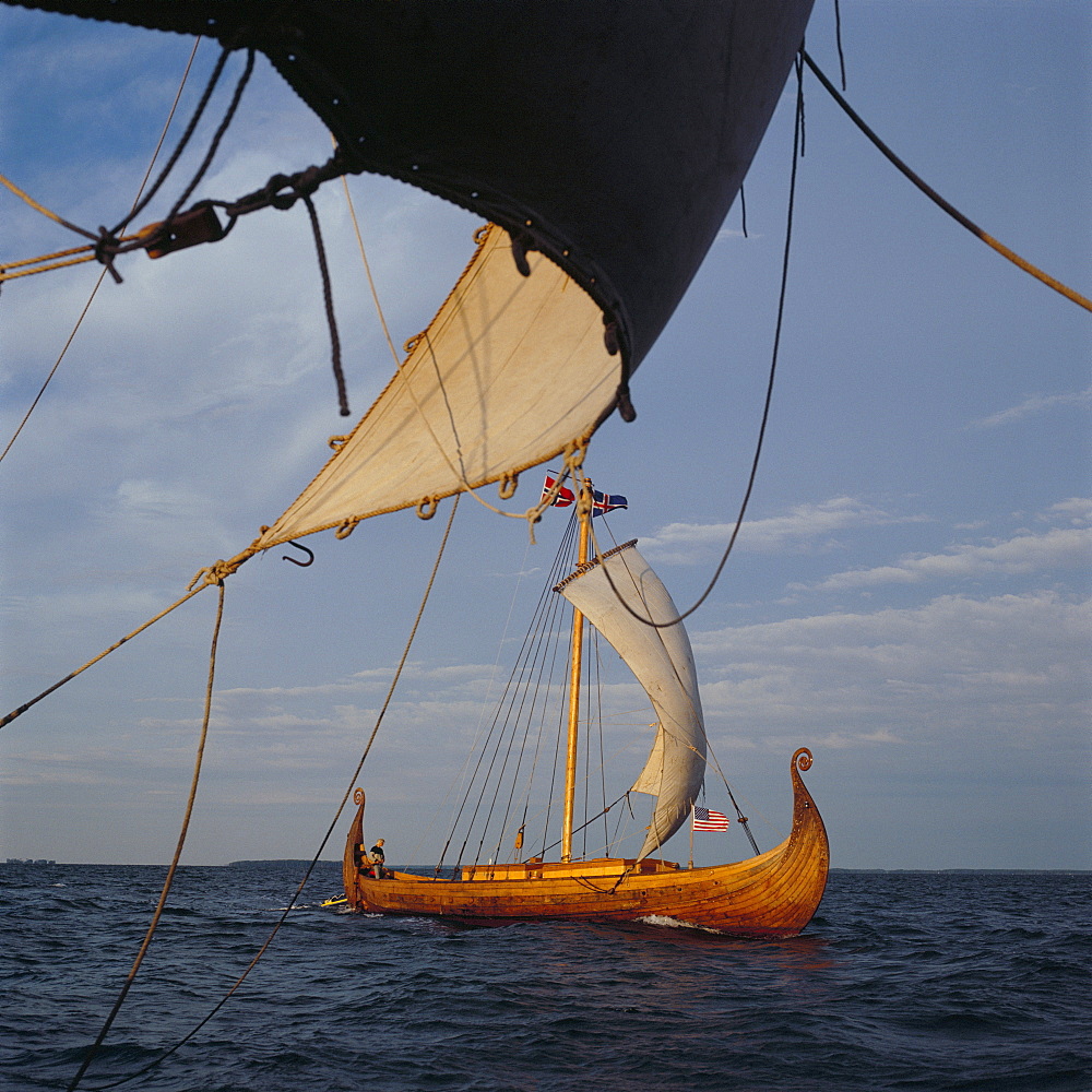 View from Gaia of replica Viking ship Oseberg, Chesapeake Bay, United States of America, North America