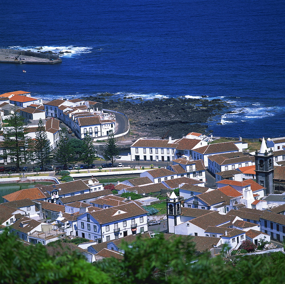 Houses and coastline in the town of Santa Cruz on the island of Graciosa in the Azores, Portugal, Atlantic, Europe