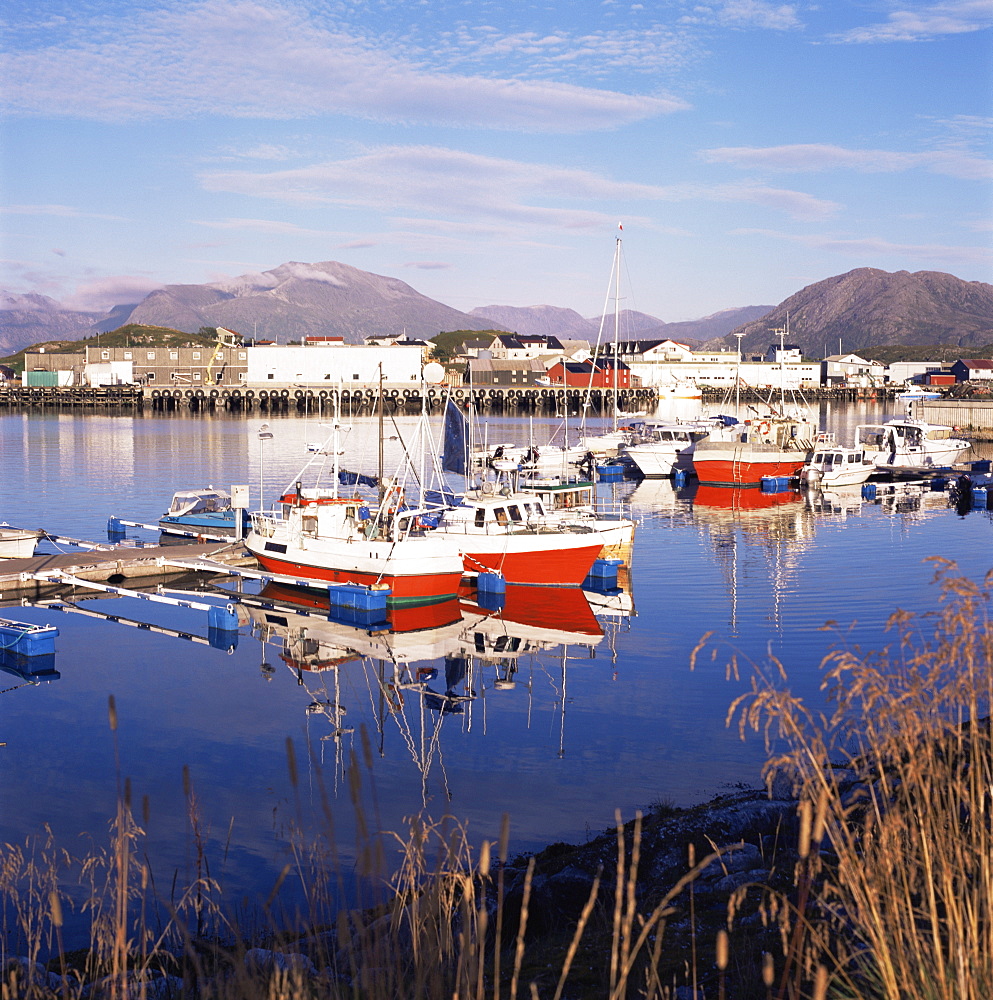 Fishing boats in harbour, Sommeroy, near Tromso, within the Arctic Circle, Norway, Scandinavia, Europe