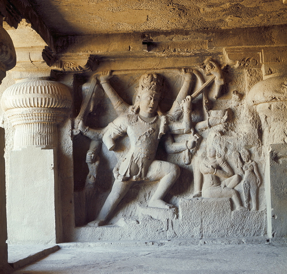 Shiva, destroyer of the elephants, Kailasa, Ellora, UNESCO World Heritage Site, Maharashtra state, India, Asia