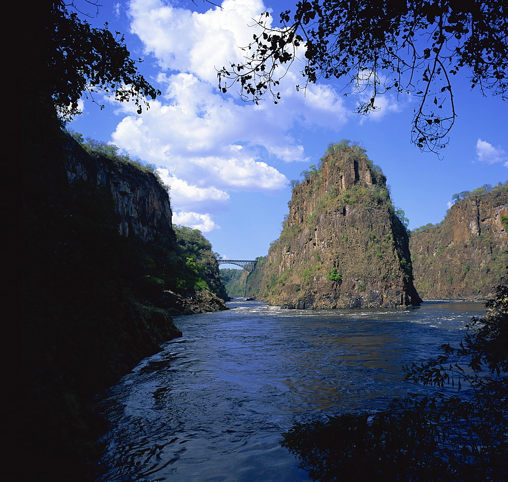 Zambezi River and bridge from bend at second and third gorges, Victoria Falls, Zimbabwe, Africa 