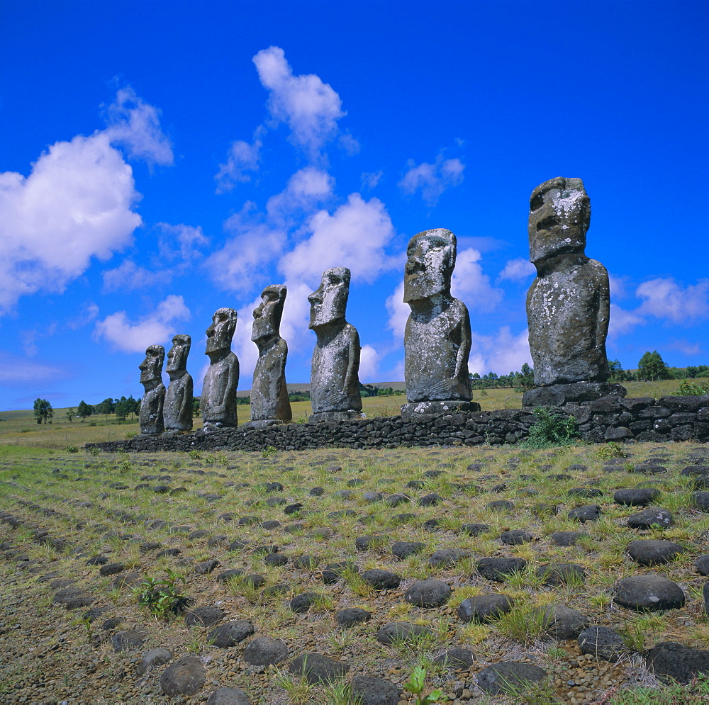 Ahu Akivi, unlike most statues these are inland and face the sea, Easter Island, Chile, Pacific