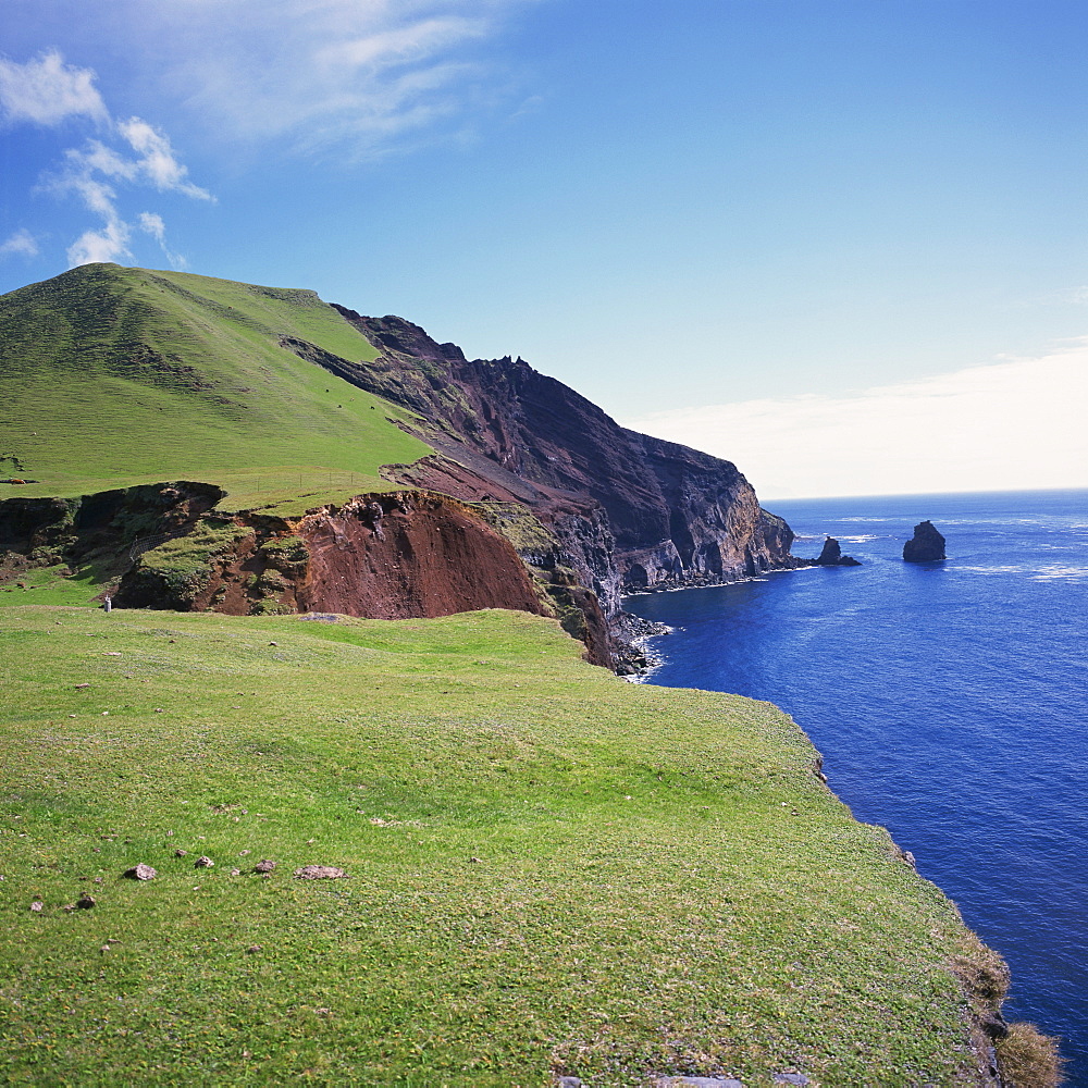 Grass topped cliffs along the north west coast between the settlement of Edinburgh and potato patches, on Tristan da Cunha, Mid Atlantic