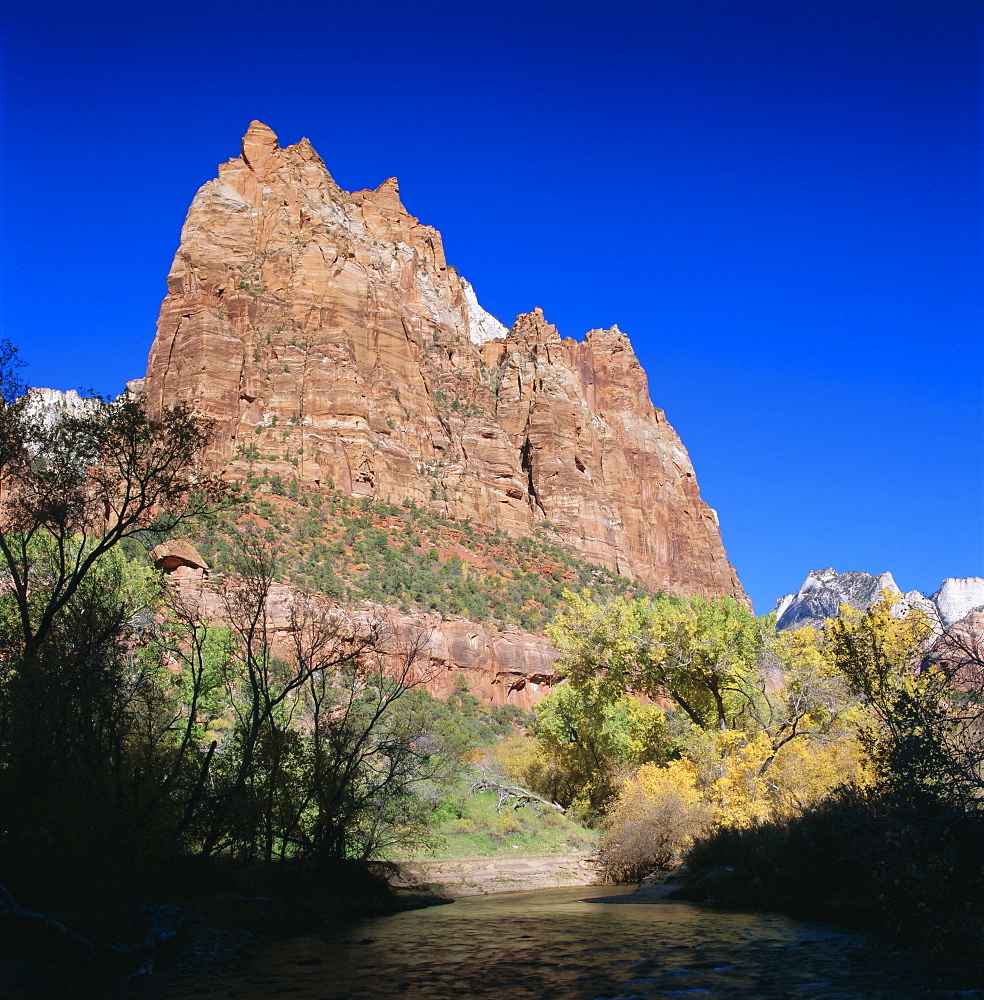 Jagged sandstone cliffs above the Virgin River, Zion National Park, Utah, USA