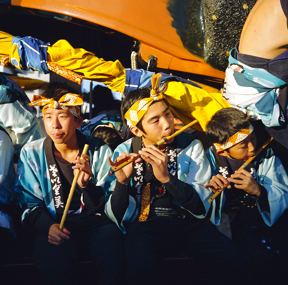 Musicians in festival robes, Karatsu Okunchi Festival, Karatsu, Kyushu, Japan