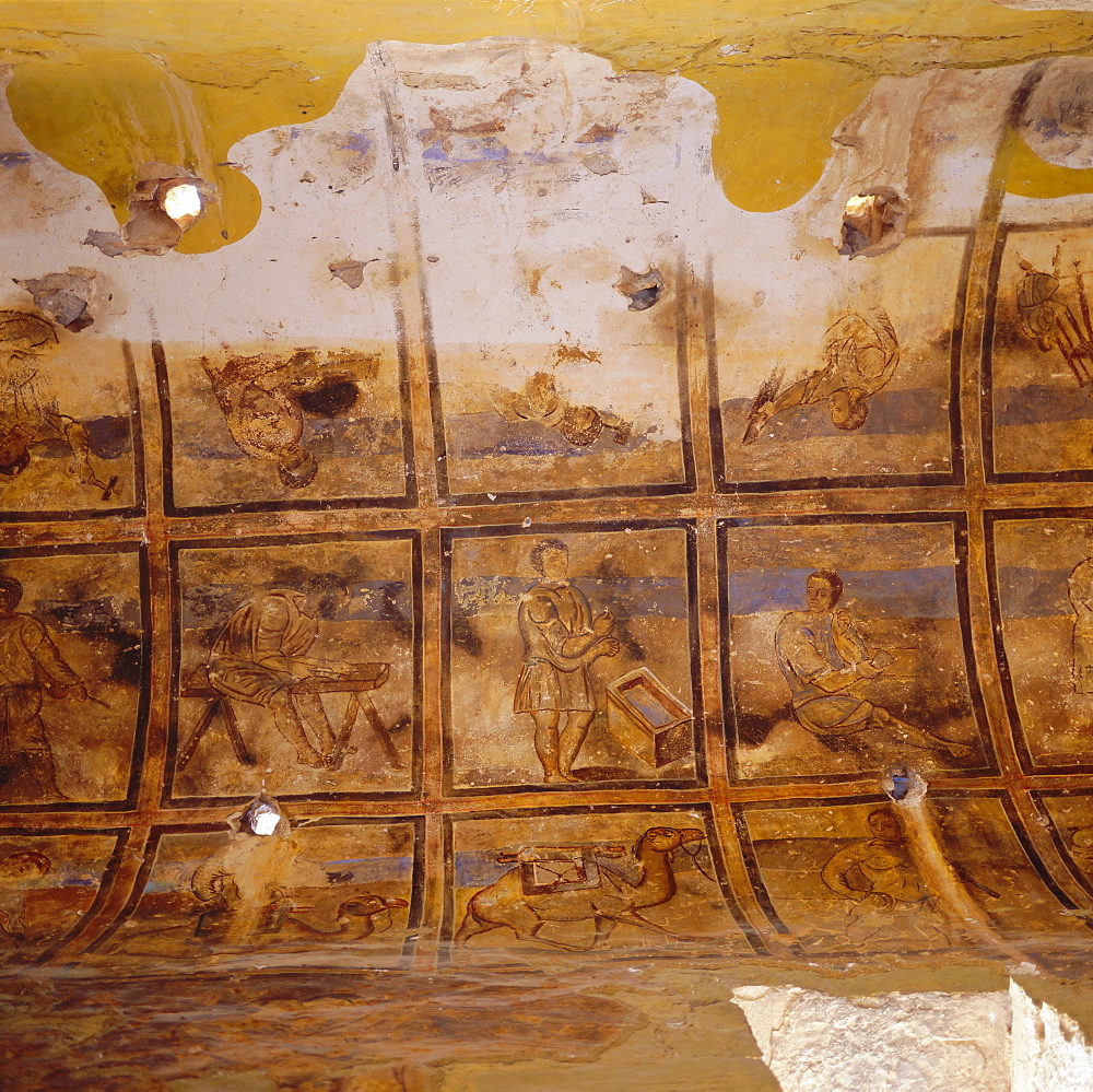 Frescos of artisans on side aisle ceiling, Qusayr Amra, Umayyad bath complex, Jordan, Middle EastBuilt in the desert by Caliph Walid I, 700-715, contains well preserved period frescos