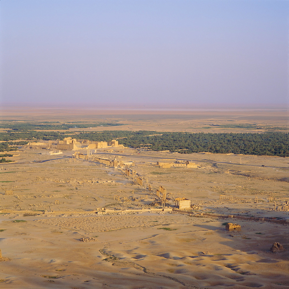 View over Graeco-Roman city towards Roman Temple of Bel, 45 AD, Palmyra, Syria, Middle East