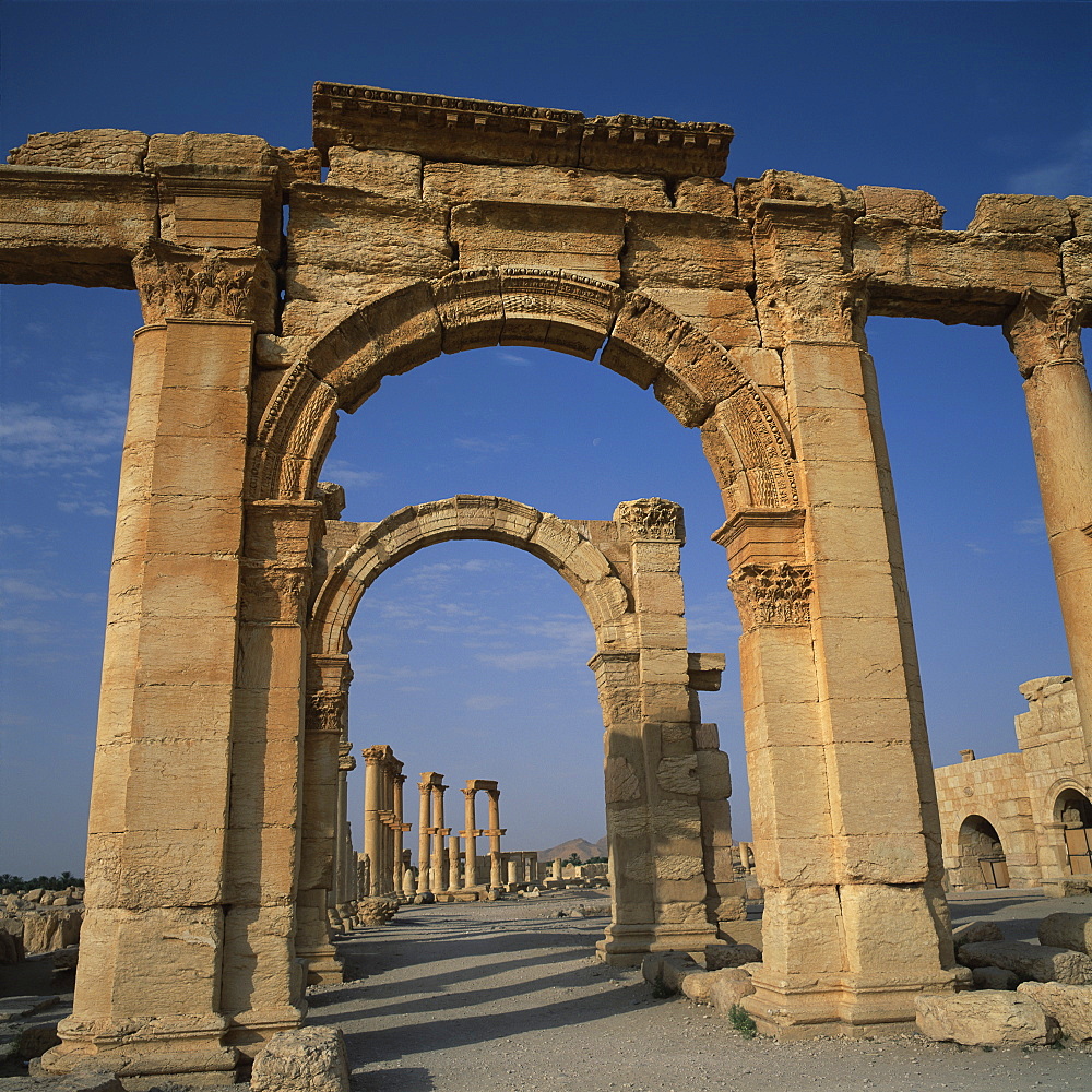 The entrance to the Roman Amphitheatre dating from the 1st century AD, at the ancient Graeco-Roman city of Palmyra, UNESCO World Heritage Site, Syria, Middle East