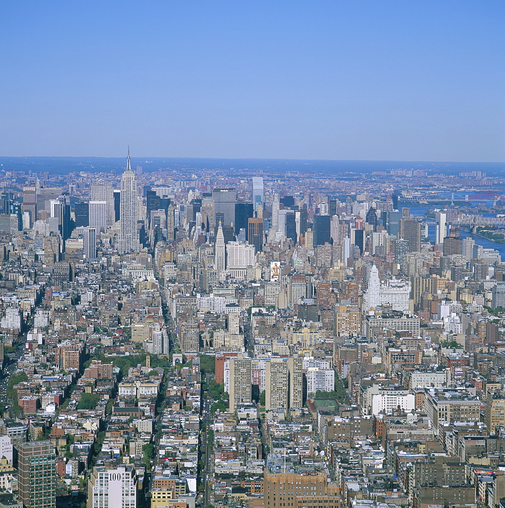 View from observatory on the 110th floor of the World Trade Center (since destroyed), over Manhattan to the Empire State Building, New York City, New York, United States of America, North America