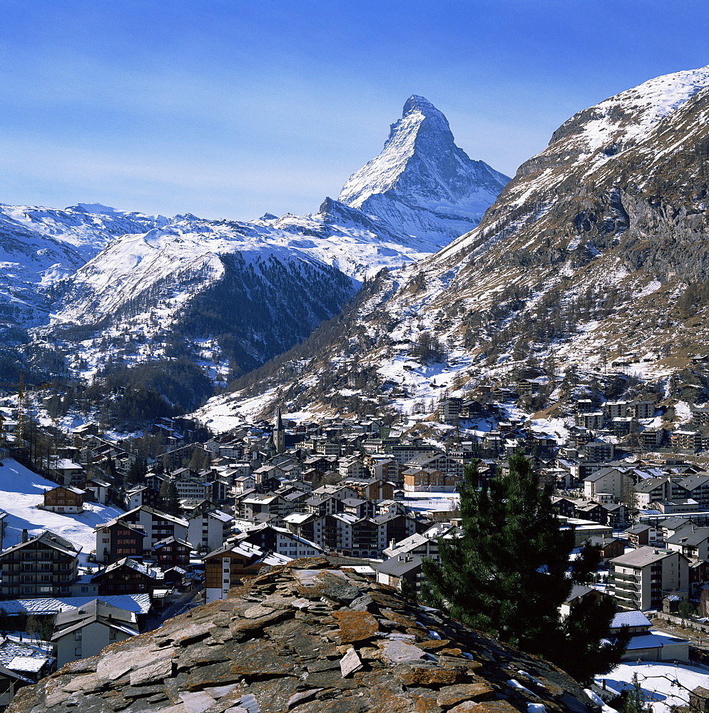 The Matterhorn, and Zermatt below, Valais, Switzerland, Europe