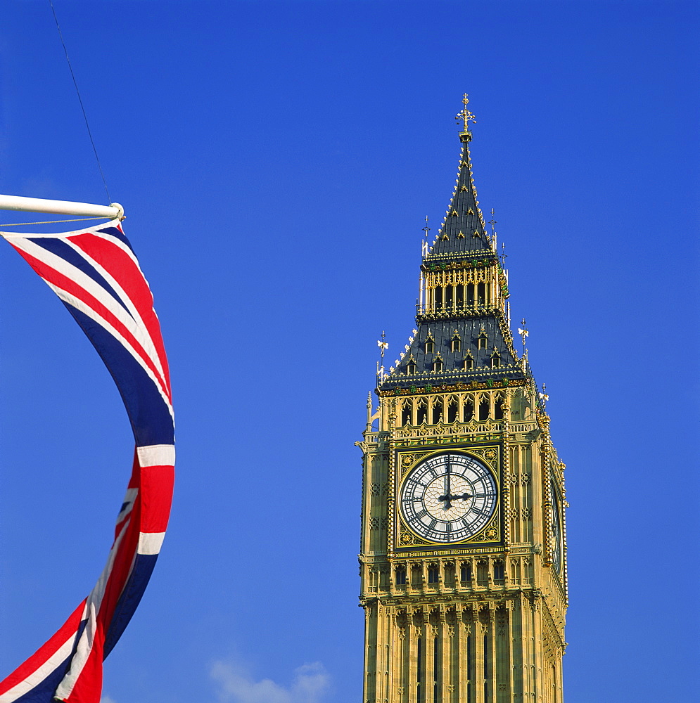 Big Ben and Union Jack, Westminster, London, England, United Kingdom, Europe