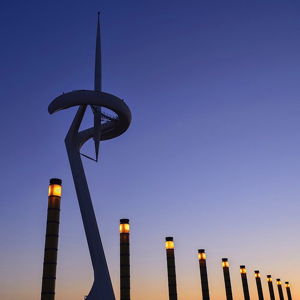 Spain, Catalunya, Barcelona, Montjuic, Torre Calatrava or Torre Telefonica at dusk, Communications Tower completed in 1992 for the Olympic Games.