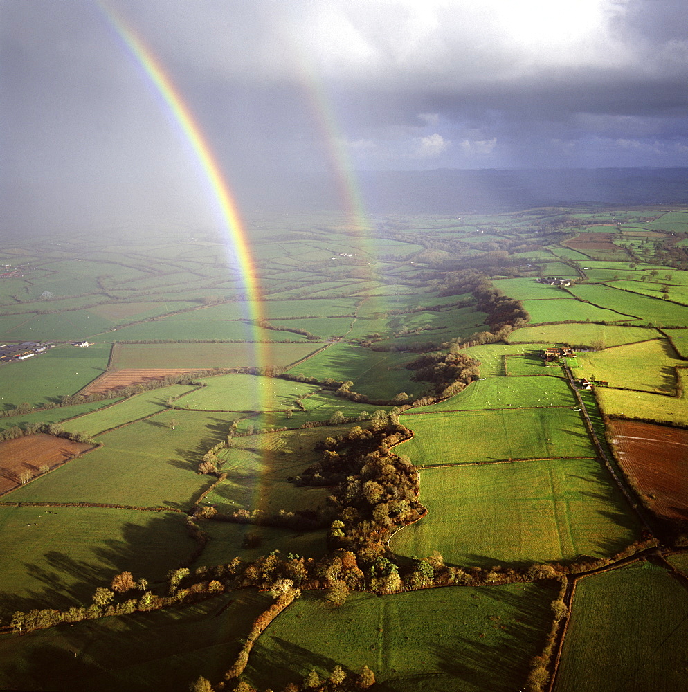 Aerial image of a double rainbow over the Somerset Levels, Somerset, England, United Kingdom, Europe