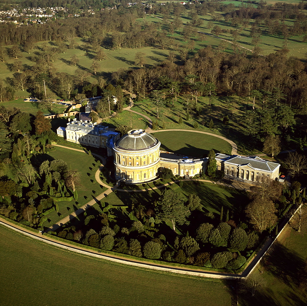 Aerial image of Ickworth House, a neoclassical country house in a park laid out by Capability Brown, near Bury St. Edmunds, Suffolk, England, United Kingdom, Europe