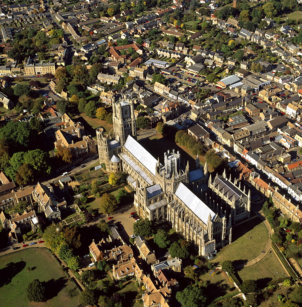 Aerial view of Ely Cathedral, (Cathedral Church of the Holy and Undivided Trinity), known as the Ship of the Fens, Ely, Cambridgeshire, England, United Kingdom, Europe