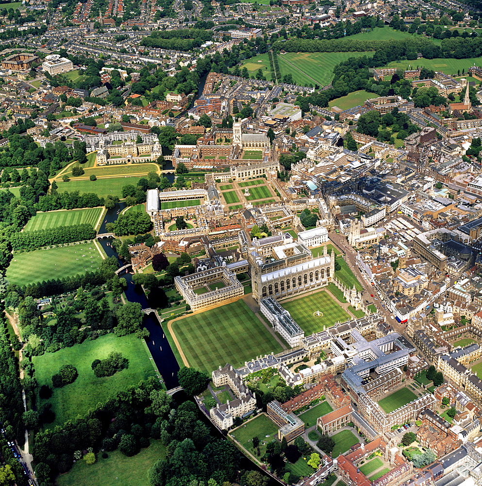 Aerial view of Cambridge including The Backs where several University of Cambridge colleges back on to the River Cam, Cambridge, Cambridgeshire, England, United Kingdom, Europe