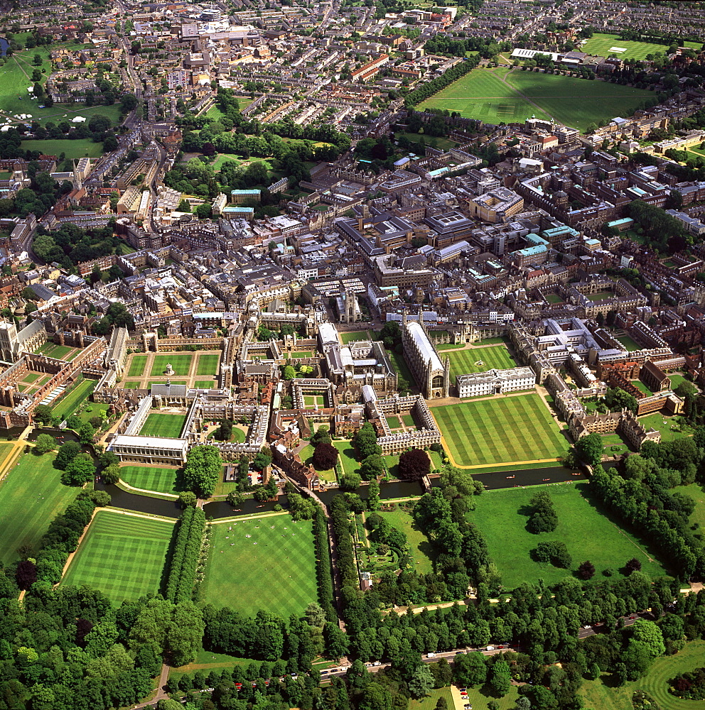 Aerial view of Cambridge including The Backs where several University of Cambridge colleges back on to the River Cam, Cambridge, Cambridgeshire, England, United Kingdom, Europe