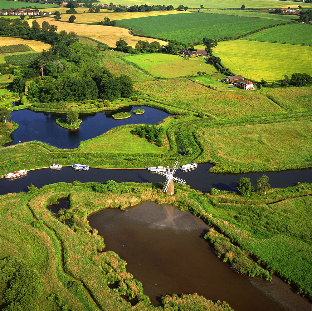 Aerial view of the River Ant, Norfolk Broads, near How Hill, Norfolk, England, United Kingdom, Europe