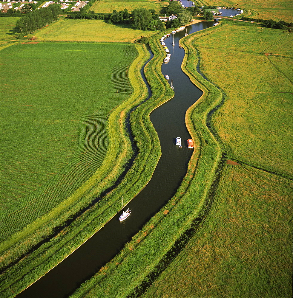 Aerial view of the Norfolk Broads at Ludham Bridge, Norfolk, England, United Kingdom, Europe