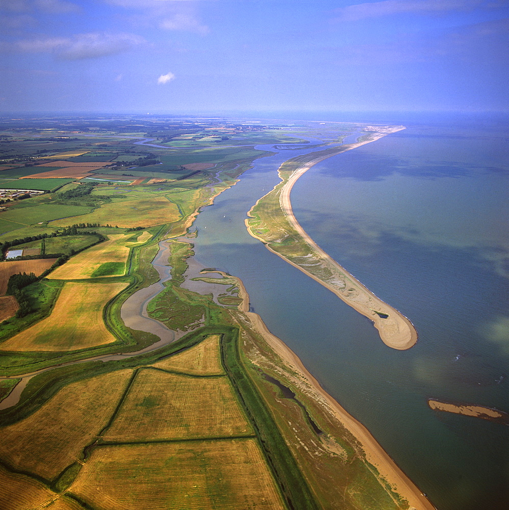 Aerial view of Orford Ness (Orfordness), a cuspate foreland shingle spit, Suffolk, England, United Kingdom, Europe