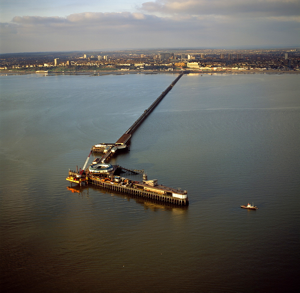 Aerial image of Southend Pier, the longest pleasure pier in the world, and estuary of the River Thames, Southend-on-Sea, Essex, England, United Kingdom, Europe