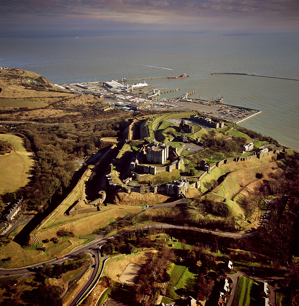 Aerial image of Dover Castle with Dover Harbour beyond, Kent, England, United Kingdom, Europe