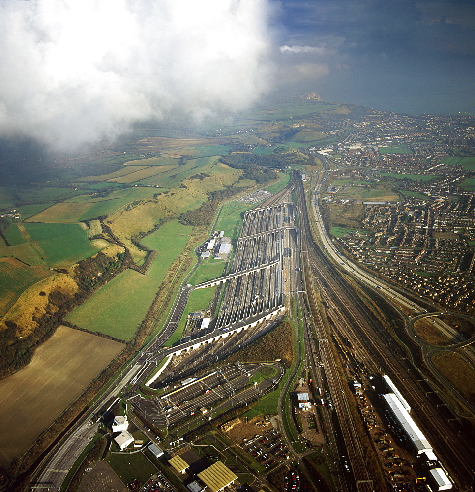 Aerial image of entrance to The Channel Tunnel (Chunnel) (Eurotunnel), beneath the English Channel, Kent, England, United Kingdom, Europe