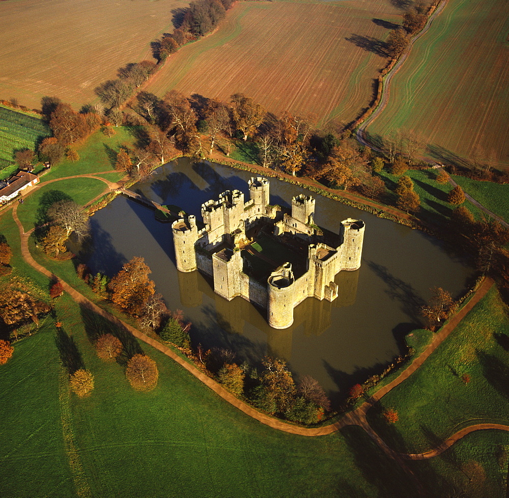 Aerial image of Bodiam Castle, late medieval moated castle, Robertsbridge, East Sussex, England, United Kingdom, Europe